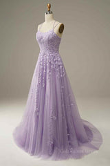 Party Dress Brands, Lilac A-line Tulle Lace-up Back 3D Applique Long Prom Dress