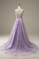 Party Dress Dress Code, Lilac A-line Tulle Lace-up Back 3D Applique Long Prom Dress