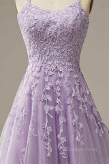 Party Dress Long, Lilac A-line Tulle Lace-up Back 3D Applique Long Prom Dress