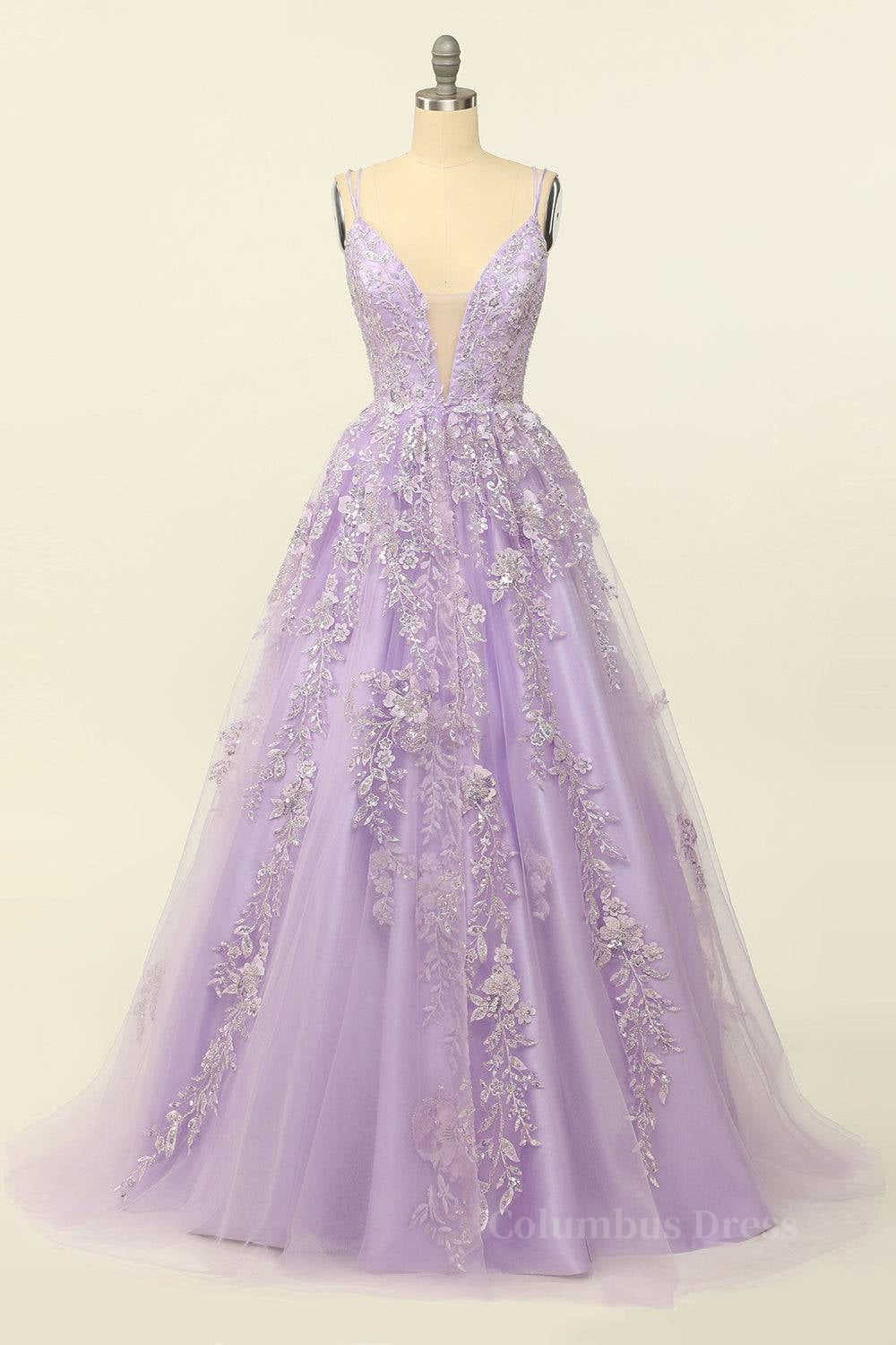 Party Dress Winter, Lilac A-line V Neck Tulle Applique Lace-Up Back Long Prom Dress