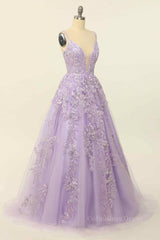 Party Dresses Winter, Lilac A-line V Neck Tulle Applique Lace-Up Back Long Prom Dress