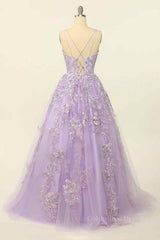 Party Dresses Australia, Lilac A-line V Neck Tulle Applique Lace-Up Back Long Prom Dress
