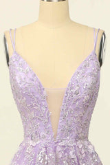 Party Dress Australian, Lilac A-line V Neck Tulle Applique Lace-Up Back Long Prom Dress