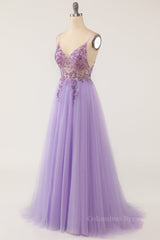Party Dress Prom, Lilac A-line V Neckline Beading Sheer Tulle Long Prom Dress