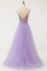 Party Dresses Prom, Lilac A-line V Neckline Beading Sheer Tulle Long Prom Dress