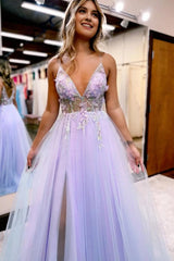Lilac Beaded A-Line Tulle Prom Dress with Flowers