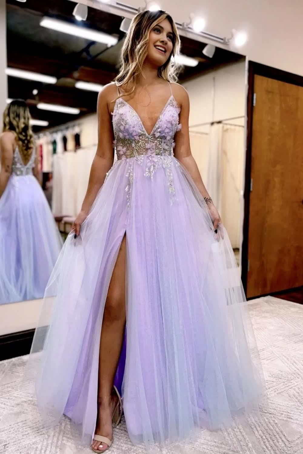 Lilac Beaded A-Line Tulle Prom Dress with Flowers