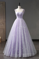 Prom Dresses Long Elegant, Lilac Bow Tie Shoulder Prints Long Prom Dress
