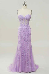 Party Dresses Teen, Lilac Mermaid Strapless Lace-Up Tulle Applique Long Prom Dress