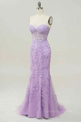 Party Dress Look, Lilac Mermaid Strapless Lace-Up Tulle Applique Long Prom Dress