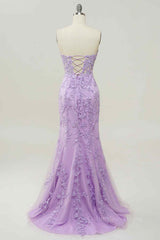 Party Dress New, Lilac Mermaid Strapless Lace-Up Tulle Applique Long Prom Dress