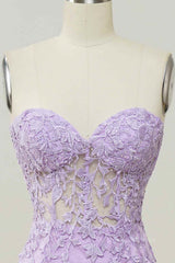 Party Dress Outfit Ideas, Lilac Mermaid Strapless Lace-Up Tulle Applique Long Prom Dress