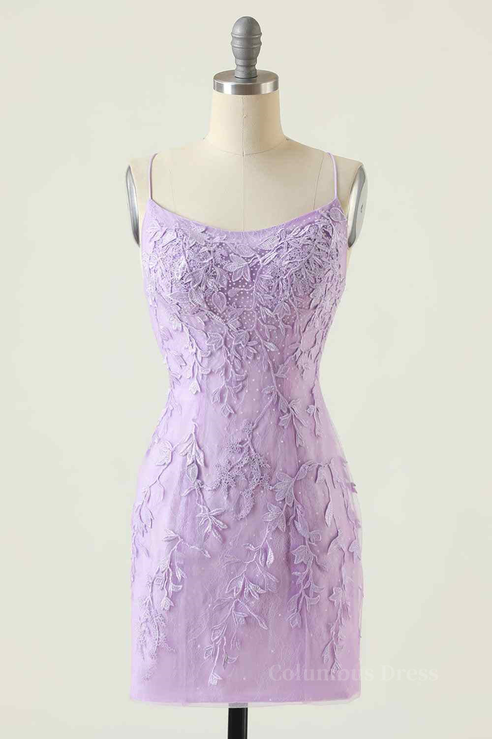 Formal Dress Lace, Lilac Sheath Scoop Neck Lace-up Back Applique Mini Homecoming Dress
