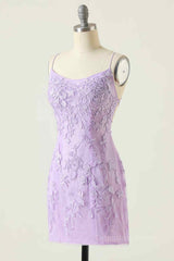 Formal Dresses Ballgown, Lilac Sheath Scoop Neck Lace-up Back Applique Mini Homecoming Dress
