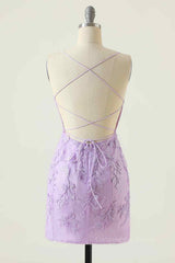 Formal Dress Ballgown, Lilac Sheath Scoop Neck Lace-up Back Applique Mini Homecoming Dress