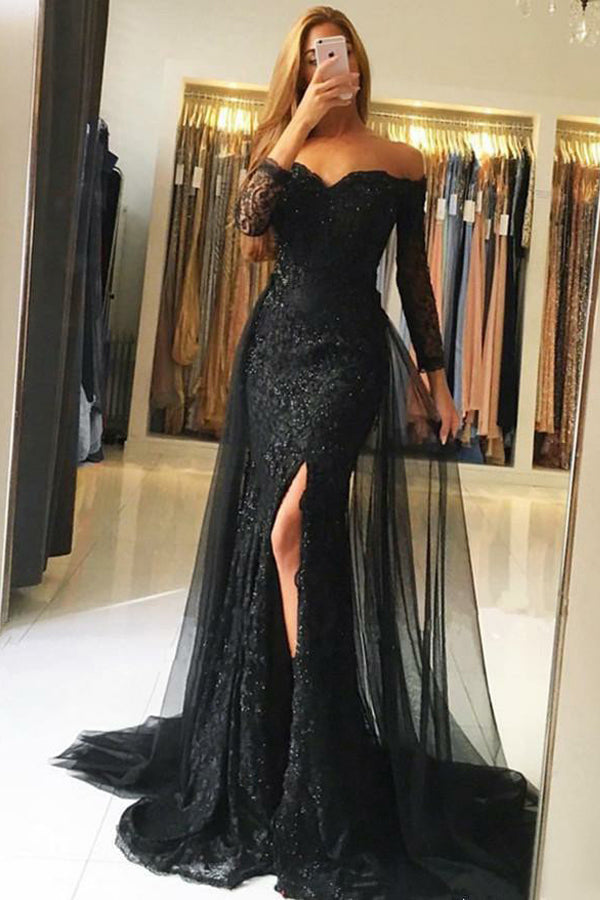 Prom Dresses Suits Ideas, Black Tulle Mermaid Off-the-Shoulder Long Sleeves Prom Dresses with Lace Sequins
