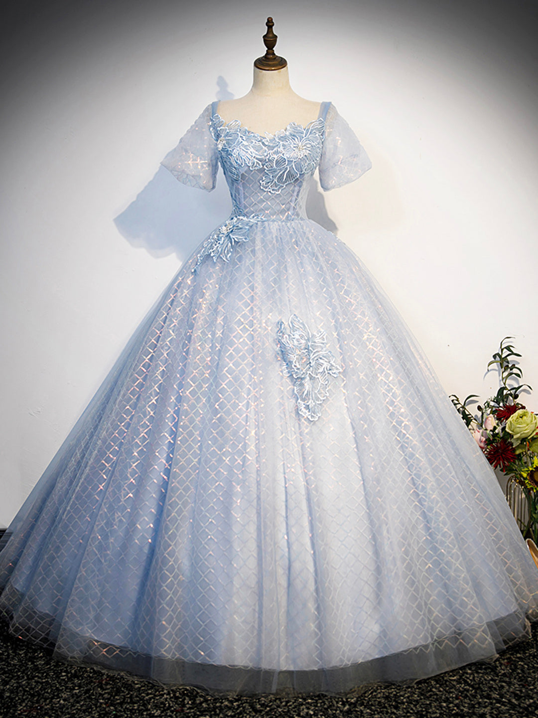 Party Dress Australia, Blue Tulle Lace Long Prom Dress, Shiny A-Line Short Sleeve Evening Dress