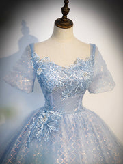 Party Dresses With Sleeves, Blue Tulle Lace Long Prom Dress, Shiny A-Line Short Sleeve Evening Dress