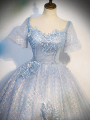 Party Dress Fall, Blue Tulle Lace Long Prom Dress, Shiny A-Line Short Sleeve Evening Dress