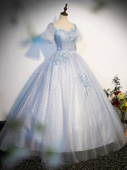 Party Dresses Fall, Blue Tulle Lace Long Prom Dress, Shiny A-Line Short Sleeve Evening Dress