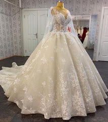 Weddings Dresses Bridesmaid, Long A-line Bateau Appliques Lace Sequins Tulle Wedding Dress