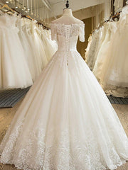 Wedding Dress Outlets, Long A-line Off Shoulder Court Train Lace Tulle Wedding Dresses with Sleeves