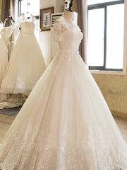Wedding Dress Outlet, Long A-line Off Shoulder Court Train Lace Tulle Wedding Dresses with Sleeves