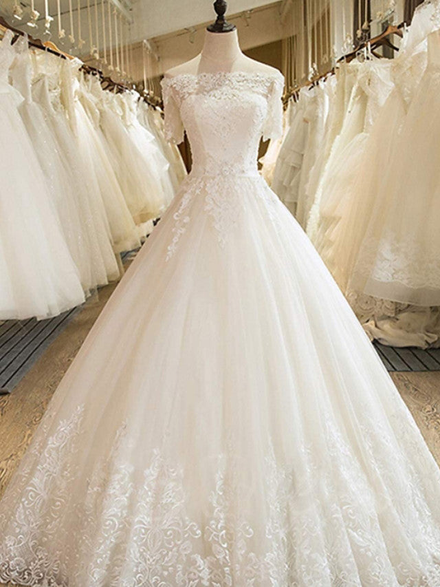 Wedding Dresses Spring, Long A-line Off Shoulder Court Train Lace Tulle Wedding Dresses with Sleeves