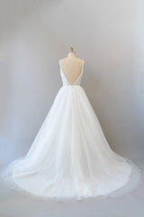 Wedding Dressed With Pockets, Long A-line Open Back Sequins Tulle Backless Wedding Dress