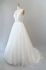 Wedding Dresses With Pockets, Long A-line Open Back Sequins Tulle Backless Wedding Dress