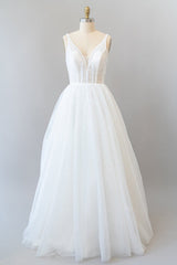 Wedding Dress Jewelry, Long A-line Open Back Sequins Tulle Backless Wedding Dress