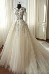 Wedding Dress Petite, Long A-line Organza Lace Wedding Dresses with Sleeves