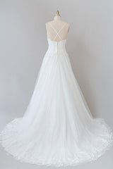 Wedding Dresses For Summer, Long A-line Spaghetti Strap Applique Tulle Backless Wedding Dress
