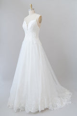 Wedding Dress Romantic, Long A-line Spaghetti Strap Applique Tulle Backless Wedding Dress