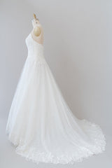 Wedding Dress Under, Long A-line Spaghetti Strap Applique Tulle Backless Wedding Dress
