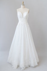 Wedding Dresses For Spring, Long A-line Spaghetti Strap Applique Tulle Backless Wedding Dress