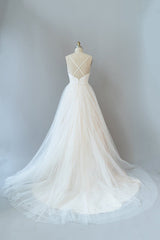 Wedding Dresses Rustic, Long A-line Spaghetti Strap Lace Tulle Backless Wedding Dress