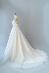 Wedding Dresses On A Budget, Long A-line Spaghetti Strap Lace Tulle Backless Wedding Dress
