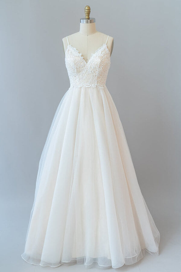 Wedding Dress Fitting, Long A-line Spaghetti Strap Lace Tulle Backless Wedding Dress
