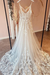 Wedding Dresses On A Budget, Long A-Line Spaghetti Straps Sweetheart Appliques Lace Tulle Wedding Dress