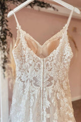 Wedding Dresses Casual, Long A-Line Spaghetti Straps Sweetheart Appliques Lace Tulle Wedding Dress