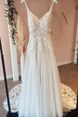 Wedding Dress Boutiques, Long A-Line Spaghetti Straps Sweetheart Appliques Lace Tulle Wedding Dress