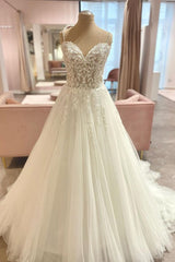 Wedding Dresses, Long A-Line Spaghetti Straps Sweetheart Floral Lace Tulle Wedding Dress