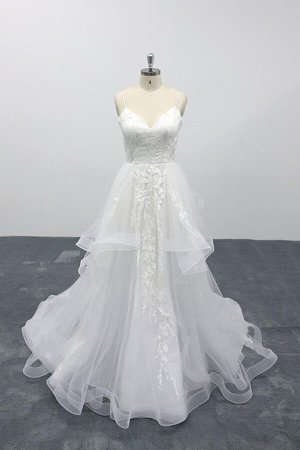 Wedding Dressed Princess, Long A-line Sweetheart Appliques Spaghetti Strap Tulle Wedding Dress