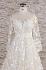 Weddings Dress Long Sleeve, Long A-line Sweetheart Applqiues Tulle Wedding Dress with Sleeves