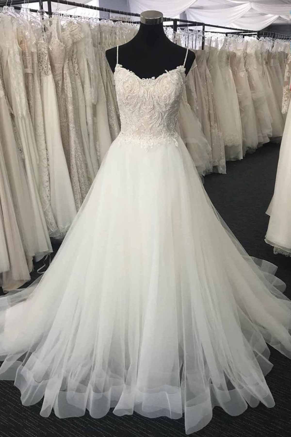 Wedding Dress Fitted, Long A-line Sweetheart Lace Tulle Wedding Dress