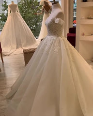 Wedding Dress For Spring, Long A-Line Sweetheart Off-the-Shoulder Appliques Lace Ruffles Wedding Dress