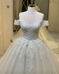 Wedding Dress For Dancing, Long A-Line Sweetheart Off-the-Shoulder Appliques Lace Ruffles Wedding Dress