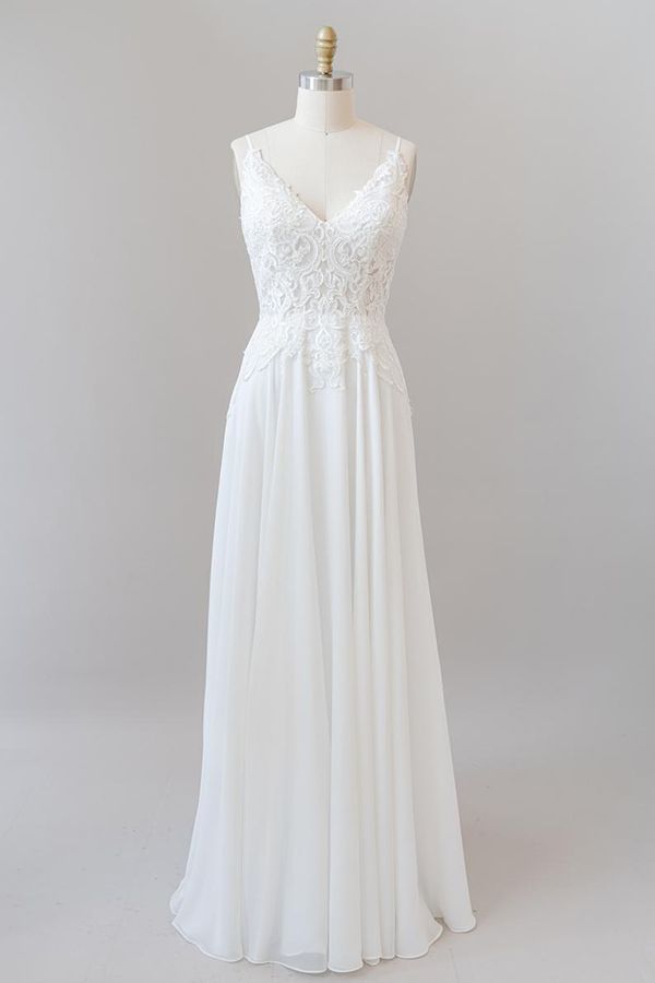 Wedding Dress Classic Elegance, Long A-line Sweetheart Spaghetti Strap Appliques Chiffon Wedding Dress