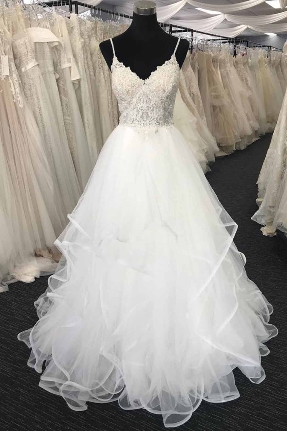 Wedding Dresses Fit, Long A-line Sweetheart Spaghetti Straps Lace Tulle Wedding Dress